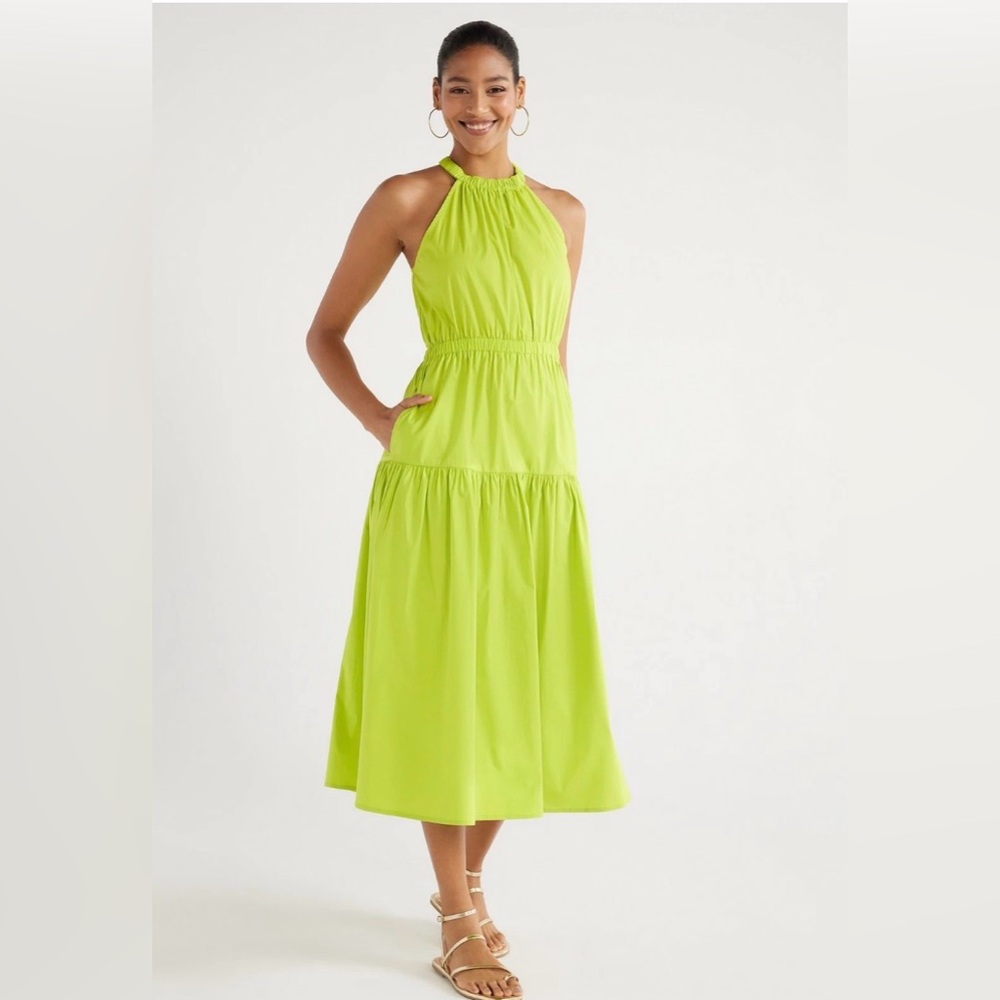 NWT Scoop Cotton Kiwi Colada Gathered Poplin Halter Dress Women's Size M